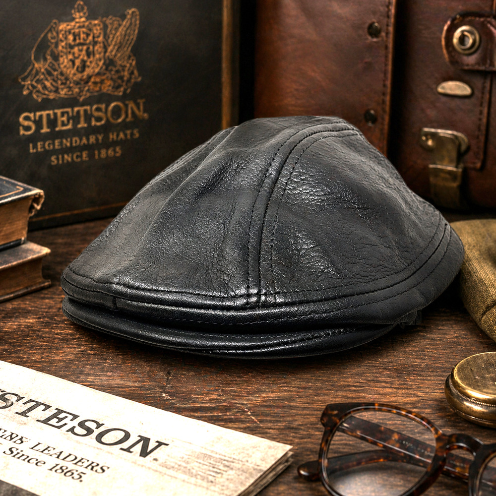 Vintage Stetson Black Leather Newsboy Cap USA Made Ivy Flat Cap Cabbie Hat